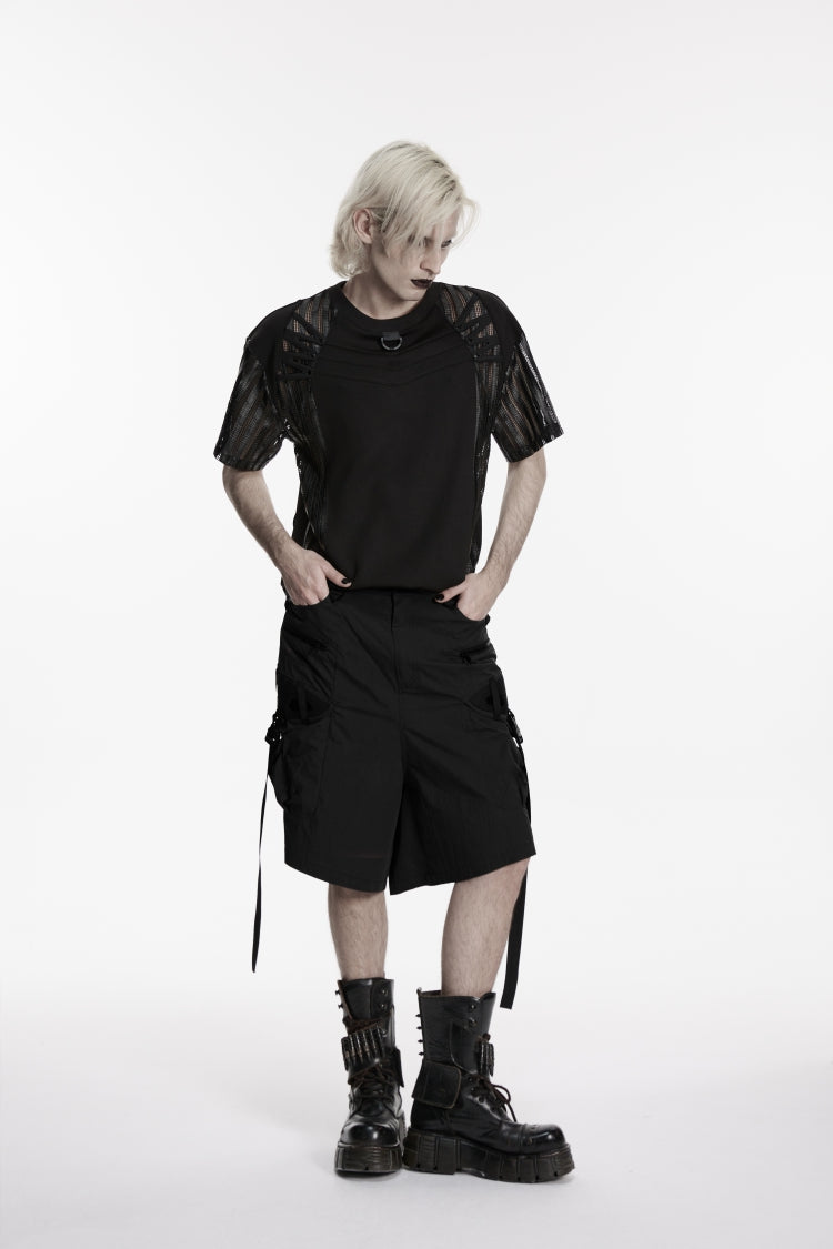 Black Buckled Men's Punk Shorts WIth Big Pocket