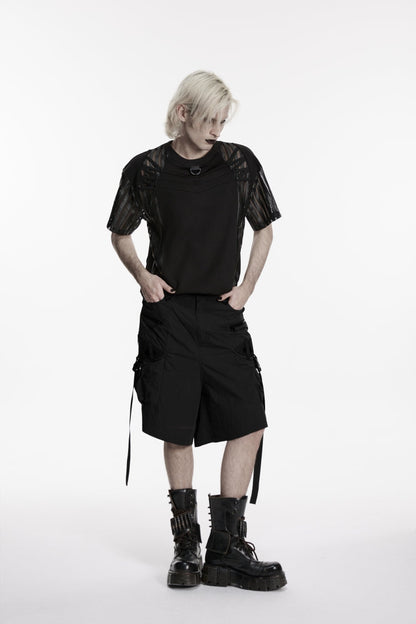 Black Buckled Men's Punk Shorts WIth Big Pocket