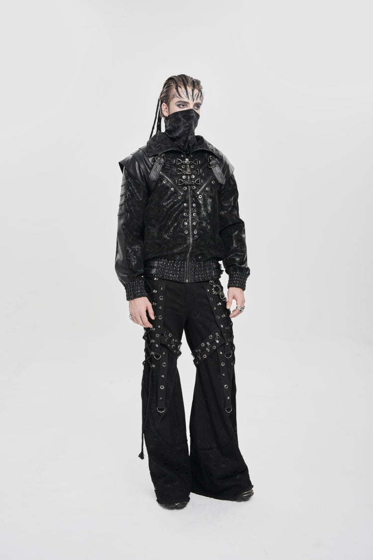 Black Faux Leather Stitching Buckle Zipper Straps Men's Punk Coat