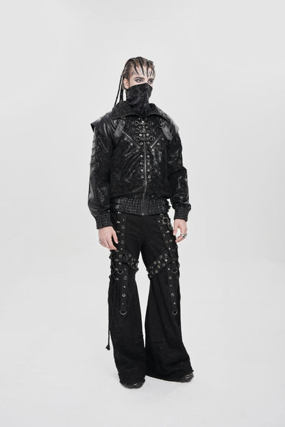 Black Faux Leather Stitching Buckle Zipper Straps Men's Punk Coat