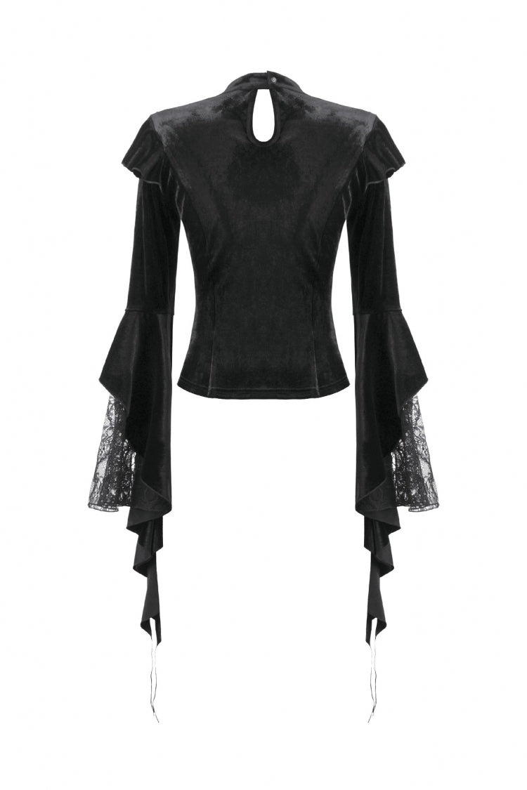 Black Multi-Layered Long Flare Sleeves Embroidered Sheer Mesh Splice Velvet Women's Gothic Top