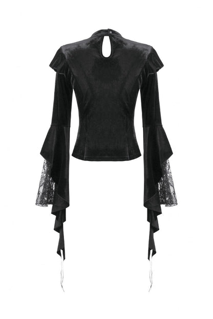 Black Multi-Layered Long Flare Sleeves Embroidered Sheer Mesh Splice Velvet Women's Gothic Top