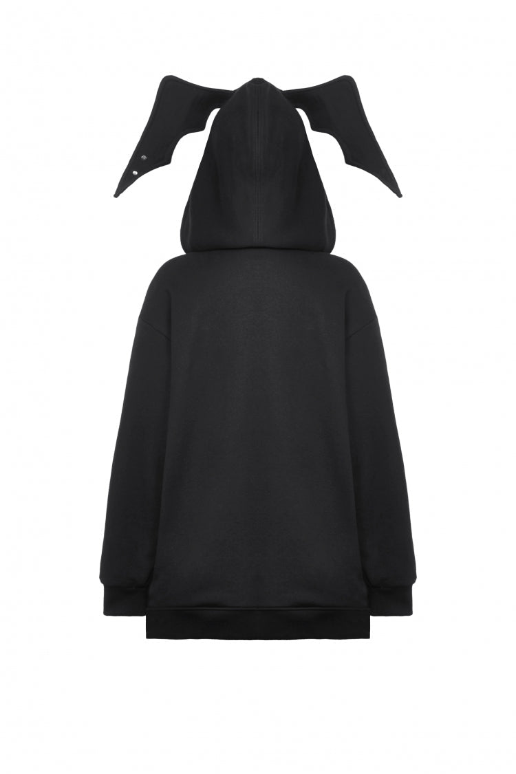 Black Long Sleeves Zippered Women's Gothic Batwing Hoodie