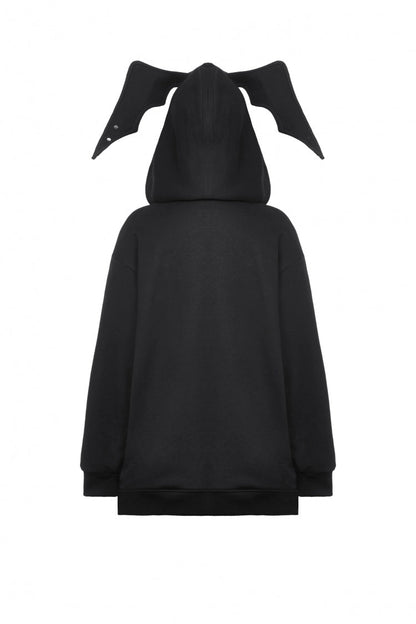 Black Long Sleeves Zippered Women's Gothic Batwing Hoodie