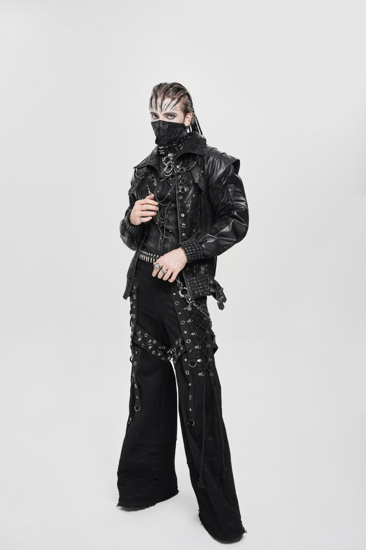 Black Faux Leather Stitching Buckle Zipper Straps Men's Punk Coat