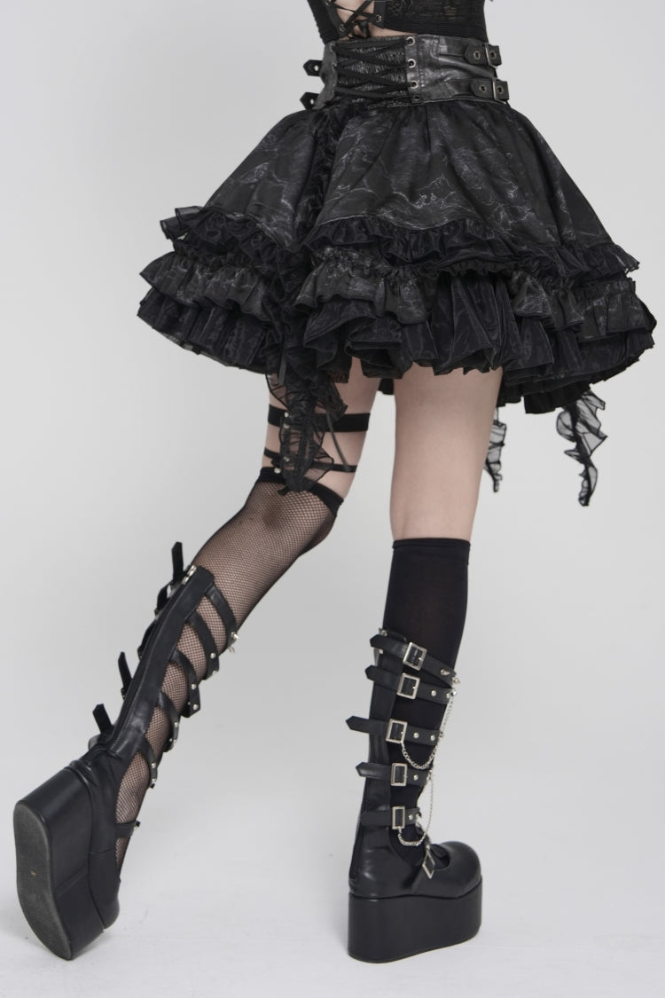 Black Multi-Layered Printed Spliced Lace Lace-Up Buckled Pleated Eyelet Women's Gothic Skirt