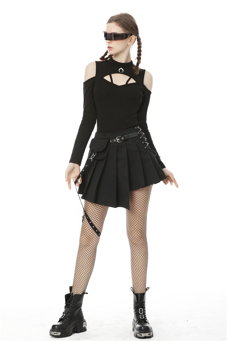 Black Lace-Up Irregular Hem Pleated Women's Punk Skirt with Side Bag