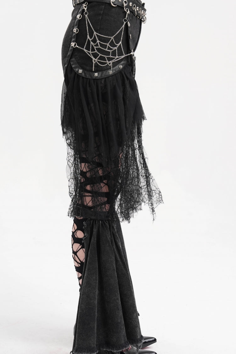 Black Chain Irregular Mesh Ripped Hem Women's Gothic Shorts