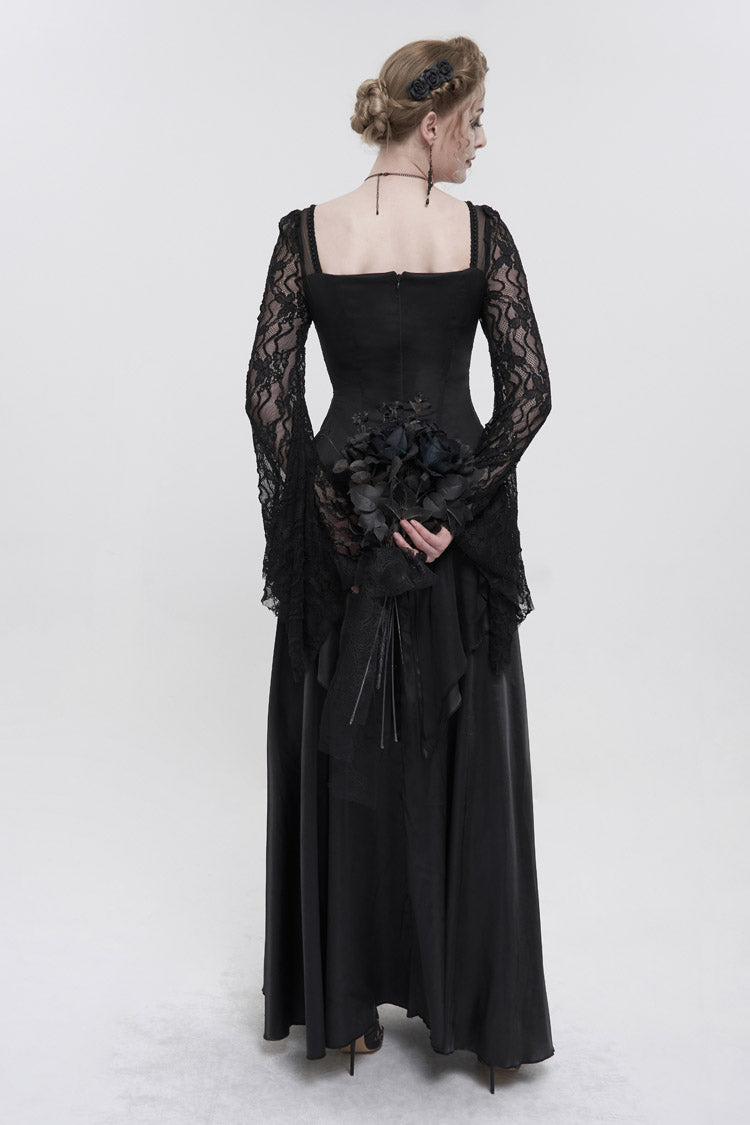 Black Lace Pointy Large Sleeves Back Middle Zipper Satin Long Floor Length Women's Gothic Dress