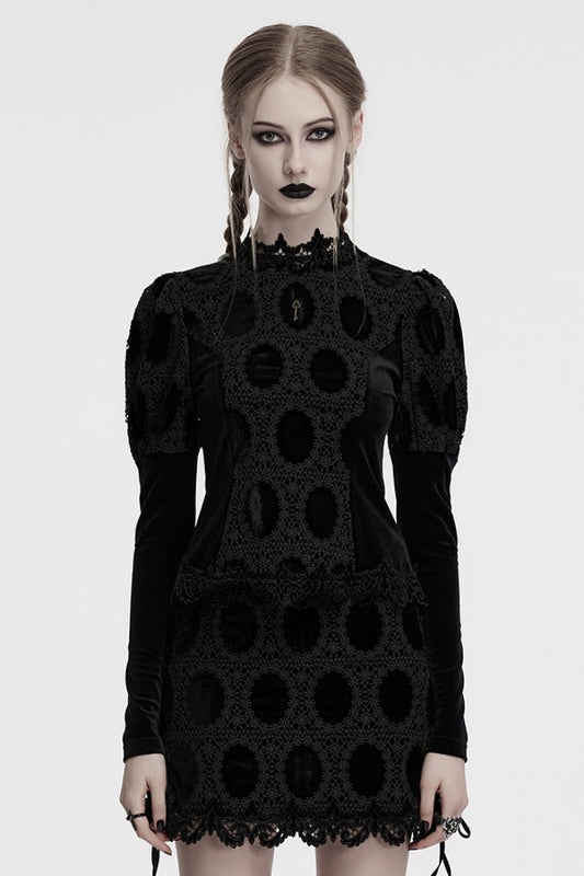 Black Long Puff Sleeves Print Embroidery Women's Gothic Blouse