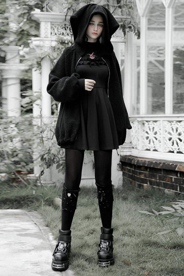 Black Clown Hooded Bunny Doll Backpack Women's Punk Coat