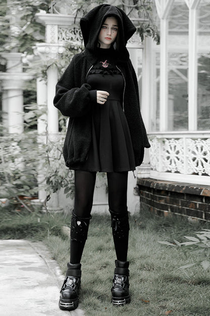 Black Clown Hooded Bunny Doll Backpack Women's Punk Coat