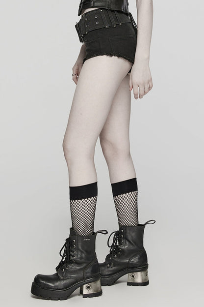 Black Denim Slim Buckle Eyelets Women's Steampunk Shorts