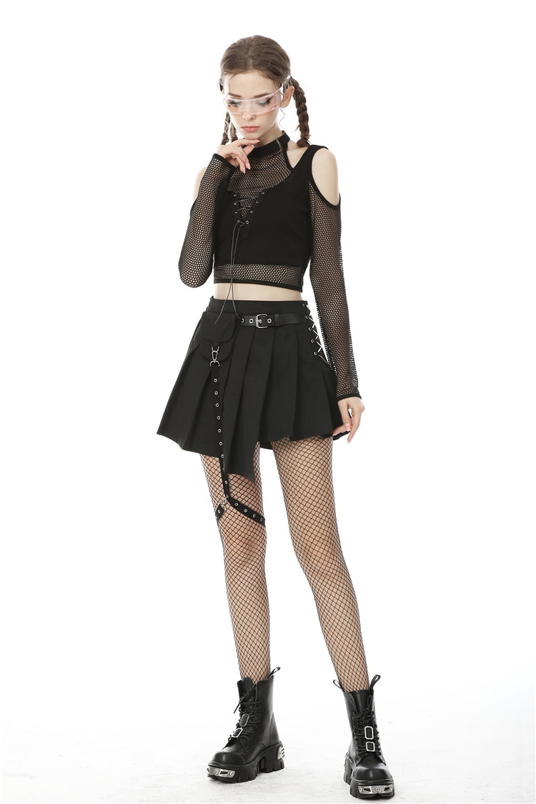 Black Off Shoulder Long Sleeves Lace-Up Chest Straps Sheer Mesh Women's Punk Top