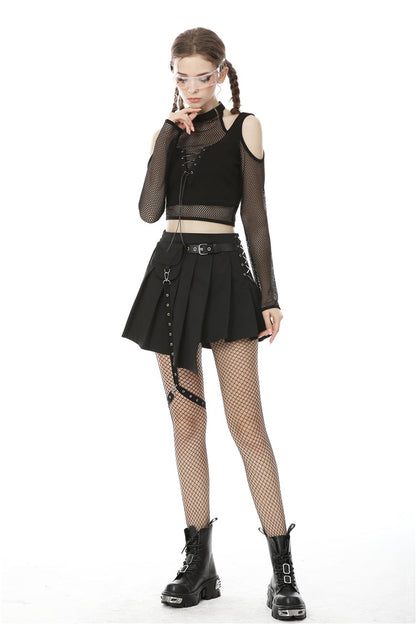 Black Off Shoulder Long Sleeves Lace-Up Chest Straps Sheer Mesh Women's Punk Top