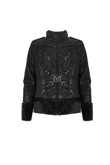 Black Five Pointed Star Decoration Retro Suede Short Plush Men's Punk Coat