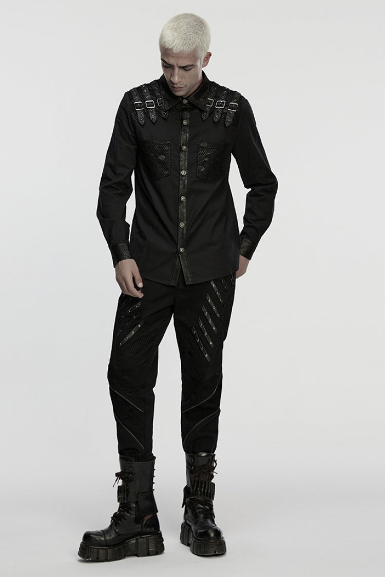 Black Lapel Collar Long Sleeves Stitching Buckle Straps Men's Punk Blouse