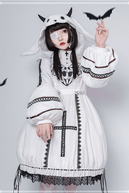 Beige Detachable Hat High Neck Woolen Cuffs Demon Rabbit Gothic Lolita OP Dress