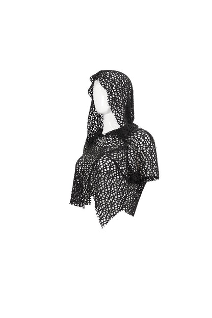 Black Cutout Hood Irregular Hem Aluminium Chain On Shoulder Short Sleeve Women's Punk T-Shirt
