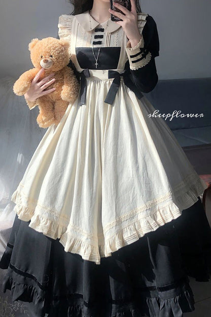 Black Maid Lapel Collar Short Sleeves Ruffle Sweet Classic Lolita Dress (Short or Long Version)