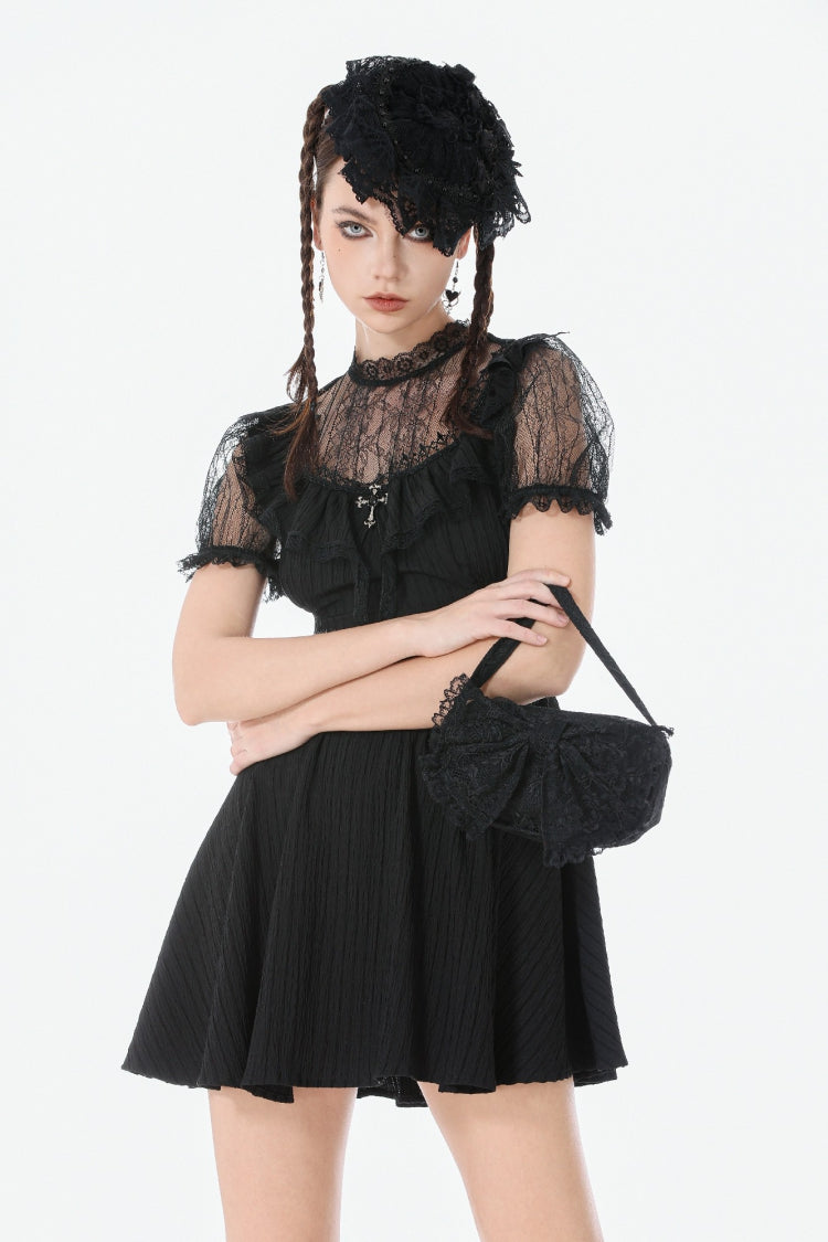Black Lace Short Sleeves Cross Ruffled Women's Gothic Graduation Dress