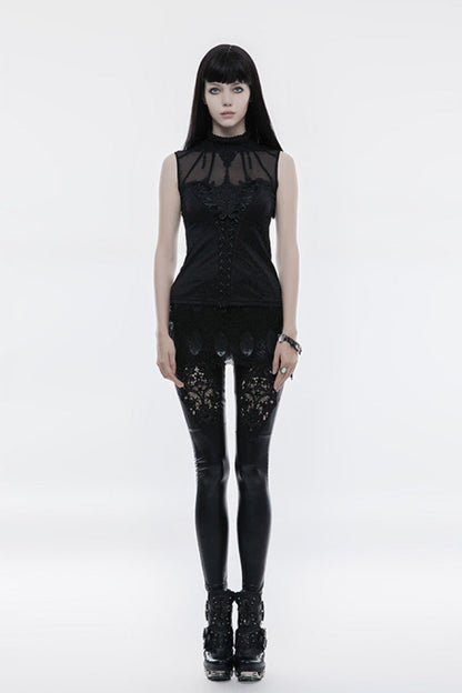 Black High Collar Sleeveless Stitching Lace Lace-Up Mesh Women's Gothic T-Shirt