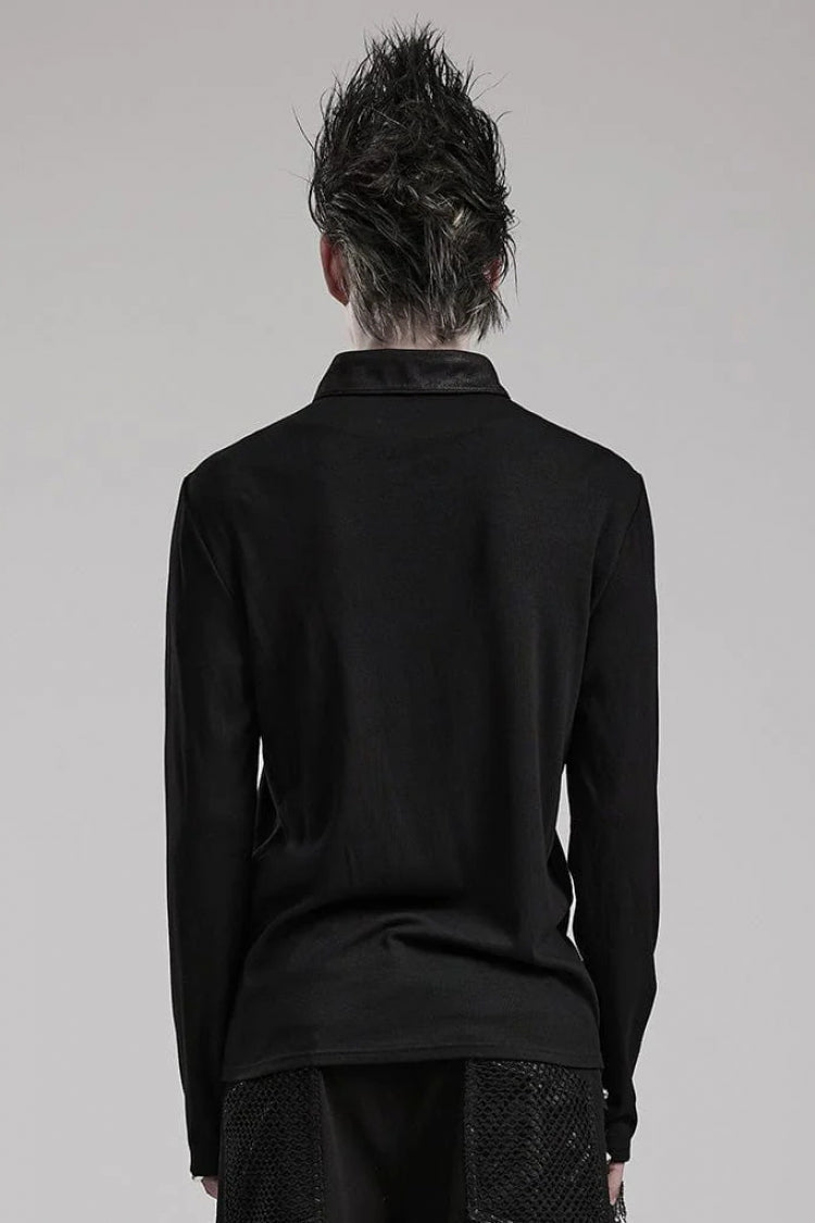 Black Lapel Collar Long Sleeves Stitching Mens Steampunk T-Shirt