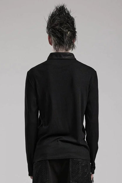 Black Lapel Collar Long Sleeves Stitching Mens Steampunk T-Shirt