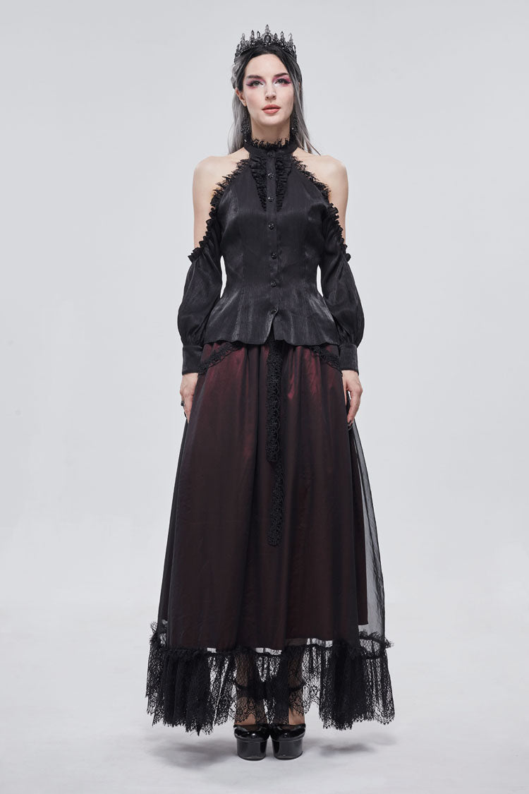 Black Lantern Sleeves Off The Shoulder Halter Lace Ruffled Women's Gothic Shirt