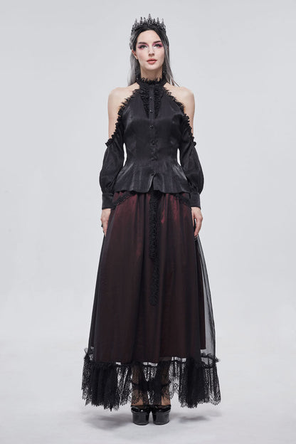 Black Lantern Sleeves Off The Shoulder Halter Lace Ruffled Women's Gothic Shirt