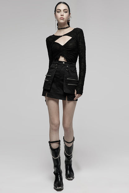 Black Heavy Industrial Hem Slit Design Multi-Pocket Zipper Trim Sexy Women's Punk Mini Skirt