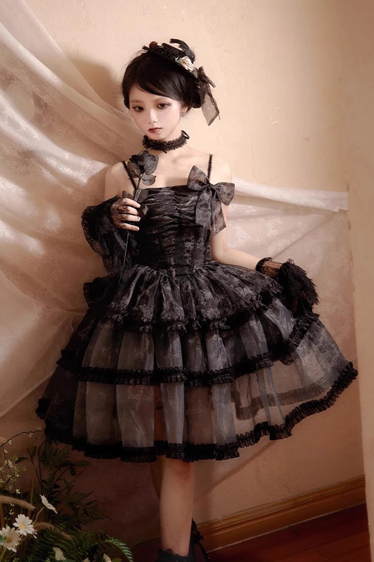 Black Multi-layer Butterfly Print Bowknot Lace Fish Bone Gothic Lolita Jsk Dress