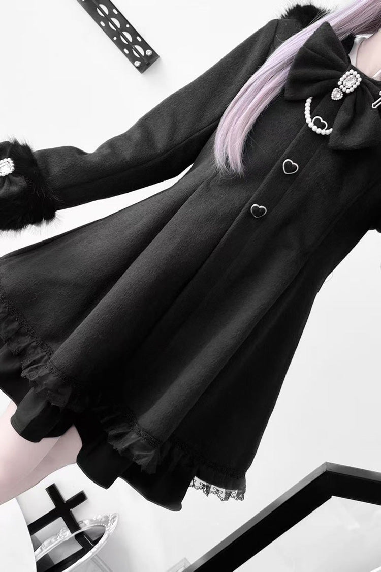 Black Long Sleeves Bowknot Rabbit Ears Detachable Hooded Japanese Jirai Kei Coat