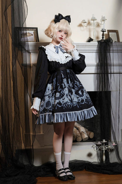 Black Long Sleeves Bear Printed Ruffled Bow Elegant Plus Size Gothic Lolita Dress
