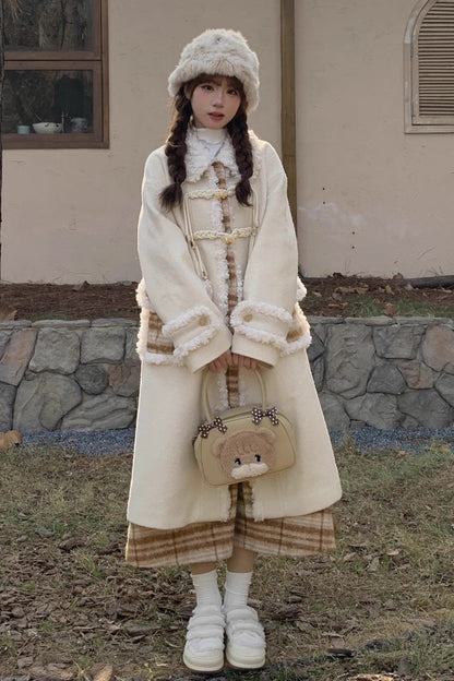 Beige Doll Collar Long Sleeves Plaid Print Stitching Sweet Lolita Coat