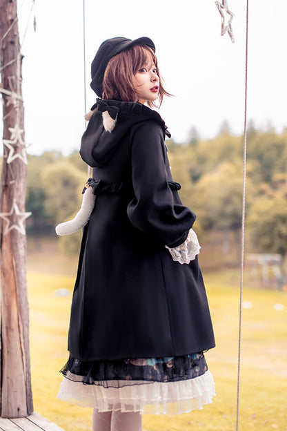 Black Cat Tail Long Sleeves Ruffle Bowknot Hooded Sweet Lolita Coat