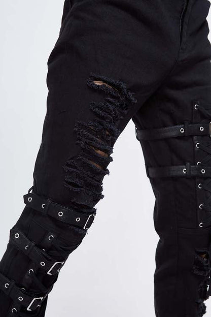Black Asymmetric Loops Ragged Punk Rock Broken Holes Bandage Mens Pants