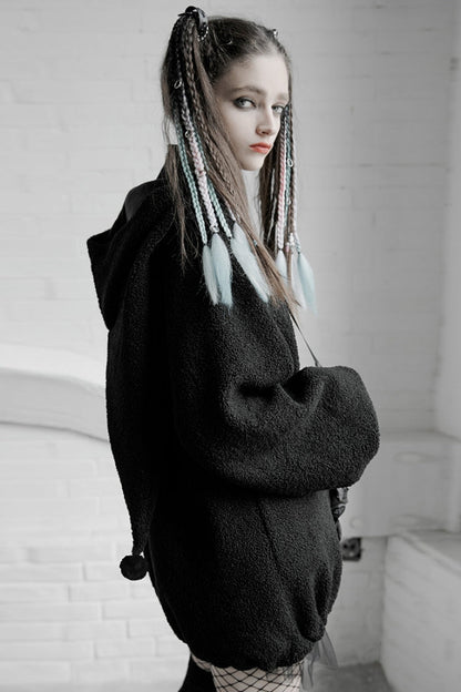 Black Clown Hooded Bunny Doll Backpack Women's Punk Coat