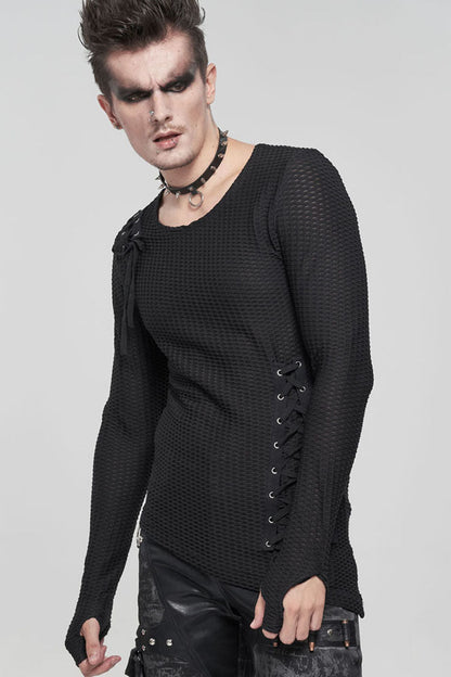 Black Gothic Asymmetry Drawstring Decoration Coarse Net Men's Shirt