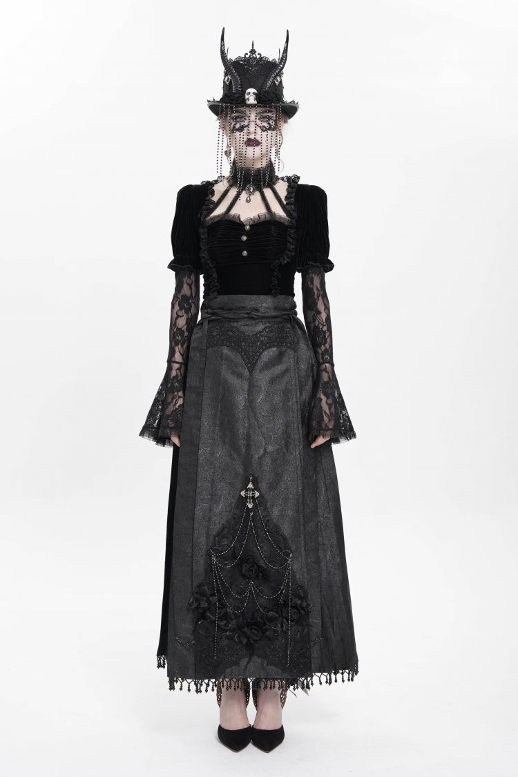 Black Floral Cross Embroidery Chain Women's Gothic Horse-face Long Skirt