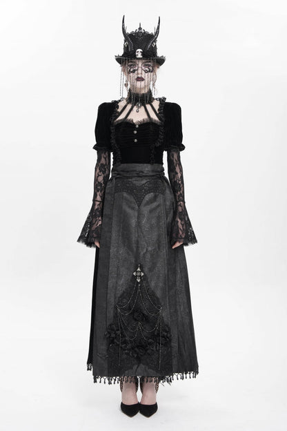 Black Floral Cross Embroidery Chain Women's Gothic Horse-face Long Skirt
