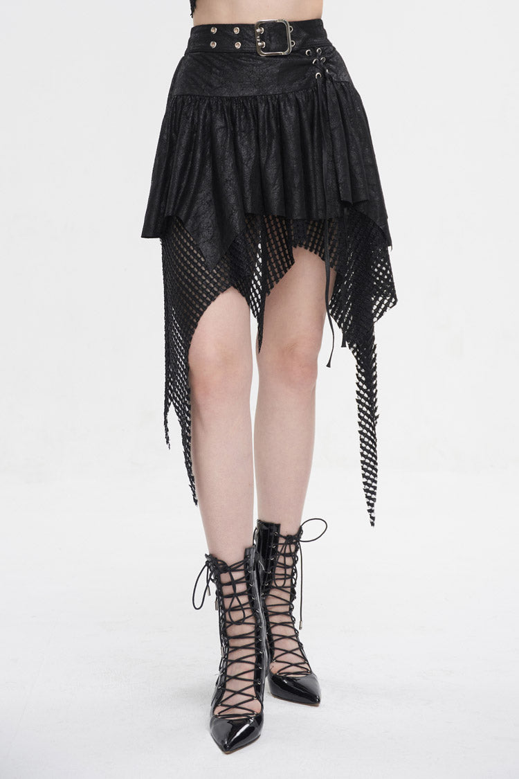 Black Lrregular Mesh Splice Buckle Women's Gothic Skirt