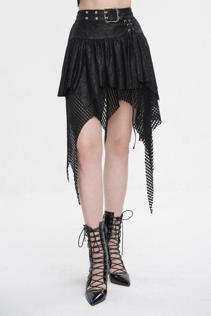 Black Lrregular Mesh Splice Buckle Women's Gothic Skirt