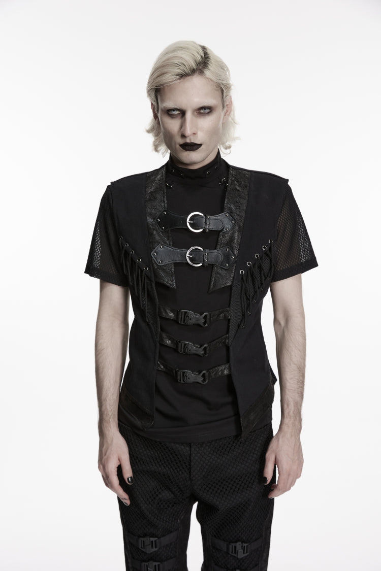 Black Cut-Out Lace-Up Slim Mesh Buckled Eyelet Men's Punk Handsome Vest