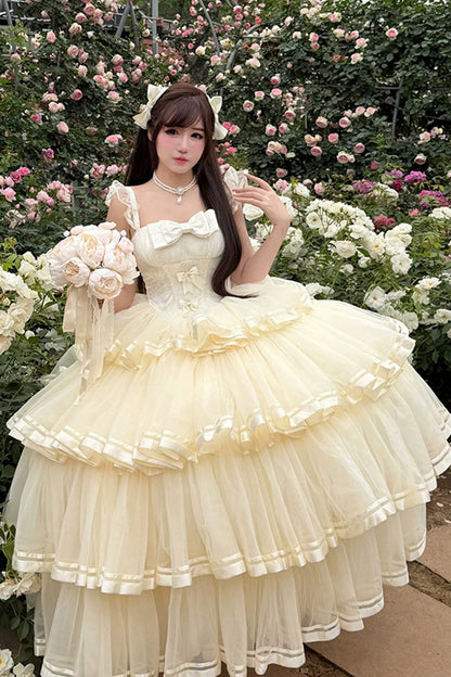 Apricot [Sweet Organza Satin] Sleeveless Multi-Layered Ruffled Hanayome Bow Lace Sweet Elegant Princess Lolita Jsk Dress