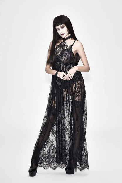Black Mysterious Night Transparent Lace High Waist Sexy Halter Long Gothic Womens Dress