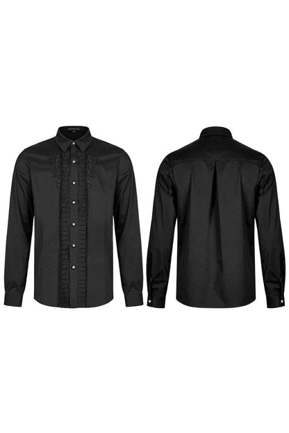 Black Gothic Delicate Decals Placket Pleated Ruffle Long Sleeve Men's Shirt