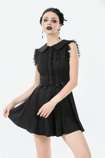 Black Peter Pan Collar Sleeveless Bowknot Pleated Women's Gothic Graduation Dress