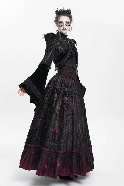 Black Long Sleeves Floral Embroidery Women's Gothic Beaded Frog Short Jacket