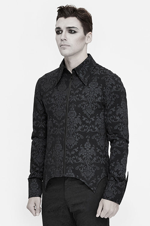 Black Folding Cuffs Palace Printed Zipper Mens Gothic Blouse